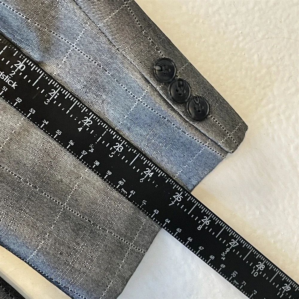 Vtg 42R SIlver Windowpane Check Double‎ Breasted Blazer Jacket Sport Coat